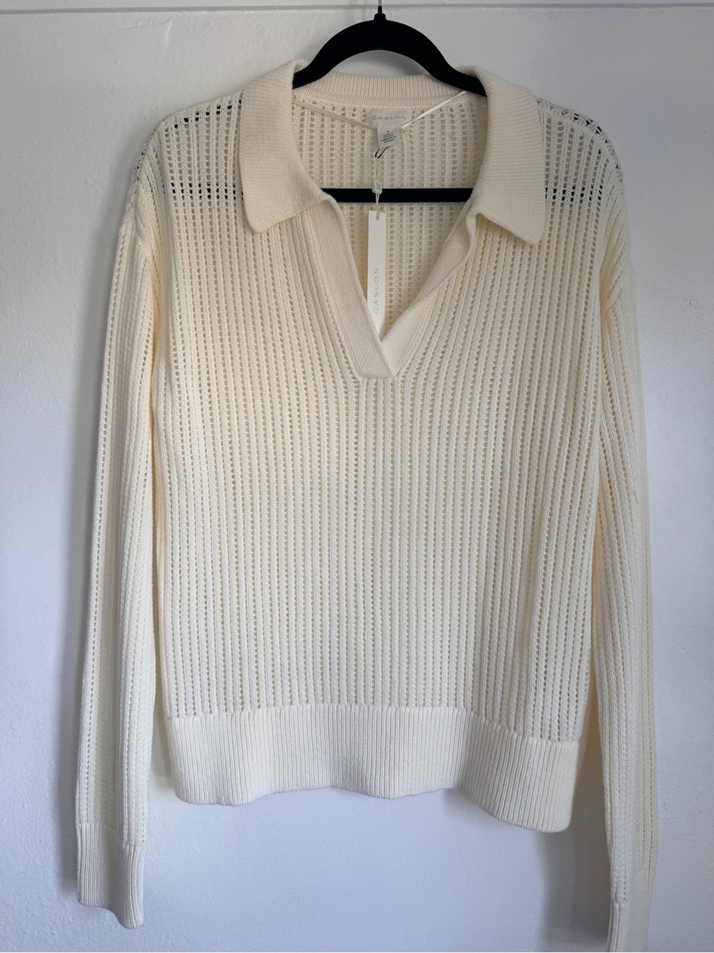 Caslon Cream Open-Knit V-Neck Polo Sweater